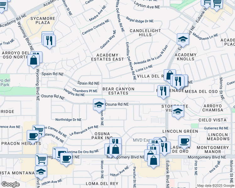 map of restaurants, bars, coffee shops, grocery stores, and more near 9108 Cascajo Drive Northeast in Albuquerque