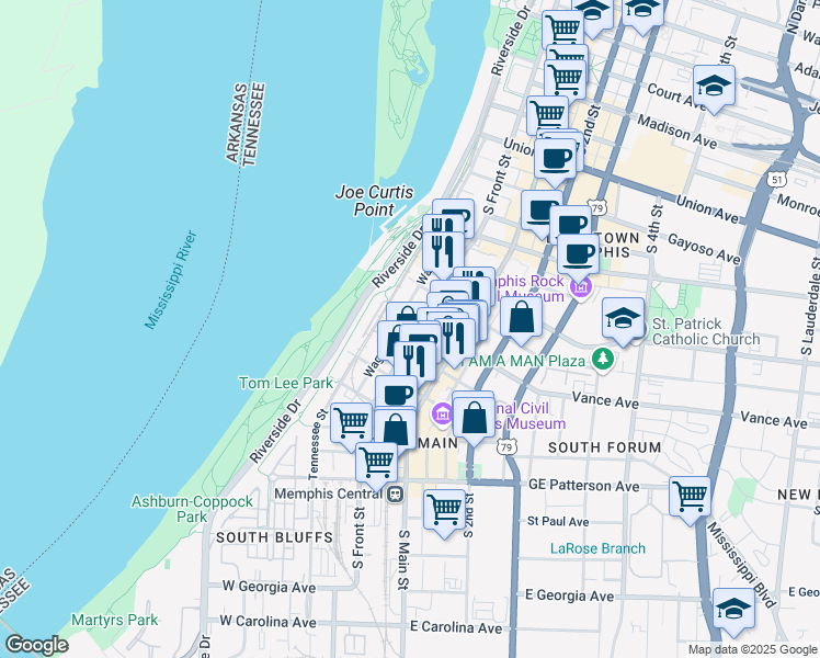 map of restaurants, bars, coffee shops, grocery stores, and more near 358 South Front Street in Memphis