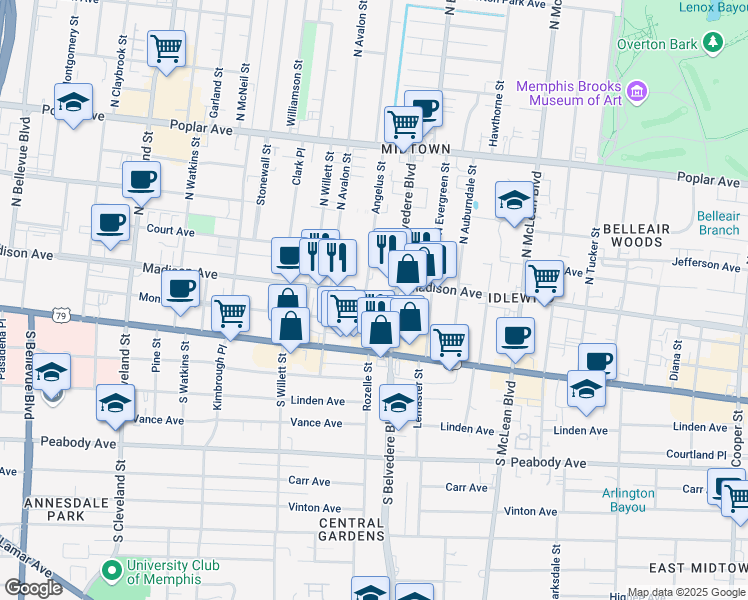 map of restaurants, bars, coffee shops, grocery stores, and more near 1661 Madison Avenue in Memphis