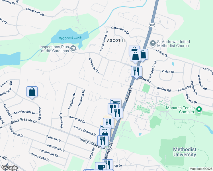 map of restaurants, bars, coffee shops, grocery stores, and more near 5512 Hartfield Court in Fayetteville