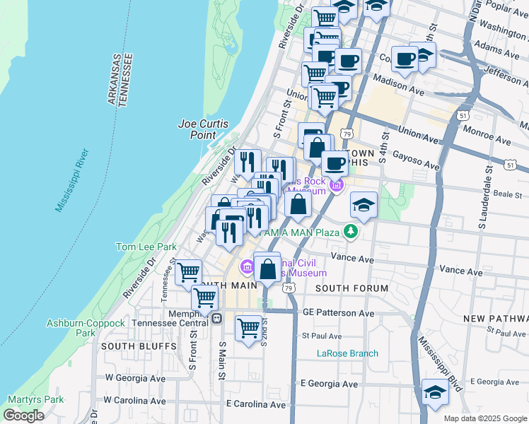 map of restaurants, bars, coffee shops, grocery stores, and more near 325 South Main Street in Memphis
