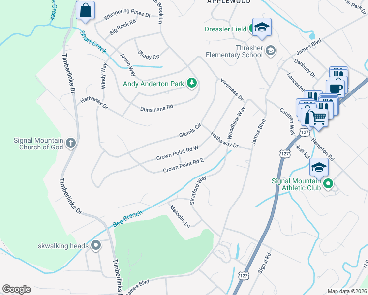 map of restaurants, bars, coffee shops, grocery stores, and more near 912 Crown Point Road West in Signal Mountain