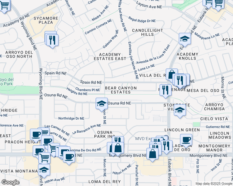 map of restaurants, bars, coffee shops, grocery stores, and more near 9108 Cascajo Drive Northeast in Albuquerque