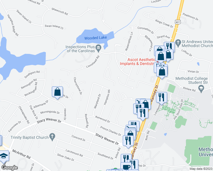 map of restaurants, bars, coffee shops, grocery stores, and more near 5434 Hampton Road in Fayetteville