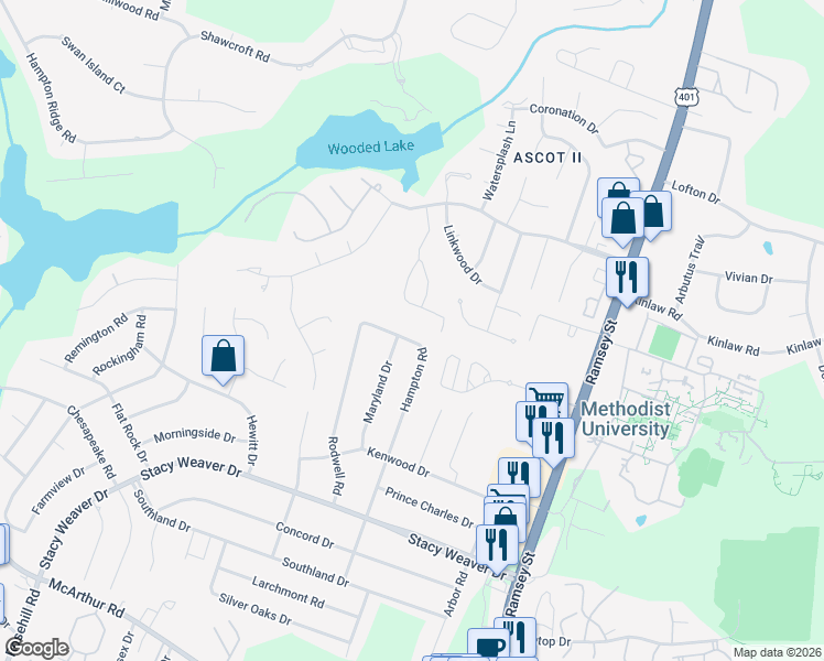 map of restaurants, bars, coffee shops, grocery stores, and more near 5434 Hampton Road in Fayetteville