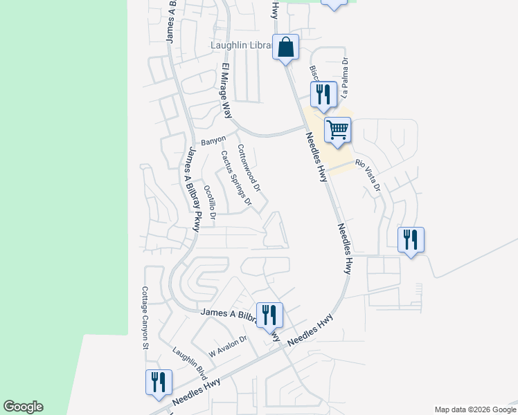 map of restaurants, bars, coffee shops, grocery stores, and more near 3304 Cactus Springs Drive in Laughlin