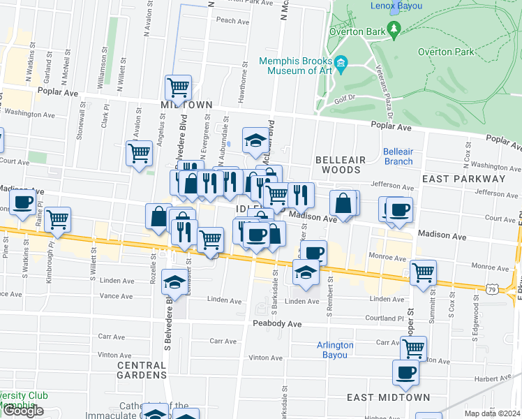 map of restaurants, bars, coffee shops, grocery stores, and more near Madison Ave & S McLean Blvd in Memphis