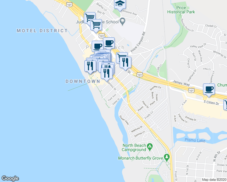 map of restaurants, bars, coffee shops, grocery stores, and more near 377 Cypress Street in Pismo Beach