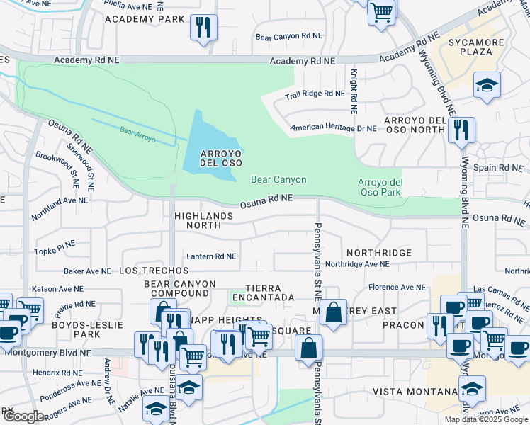 map of restaurants, bars, coffee shops, grocery stores, and more near 7409 Vista Del Arroyo Avenue Northeast in Albuquerque