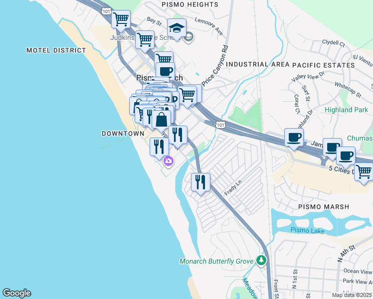 map of restaurants, bars, coffee shops, grocery stores, and more near 211 Addie Street in Pismo Beach