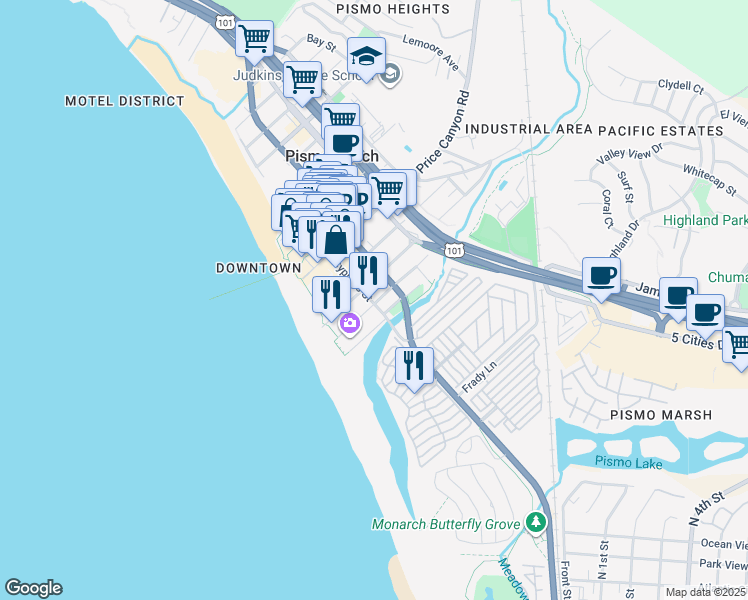 map of restaurants, bars, coffee shops, grocery stores, and more near 211 Addie Street in Pismo Beach