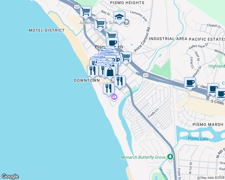map of restaurants, bars, coffee shops, grocery stores, and more near 166 Ocean View Avenue in Pismo Beach