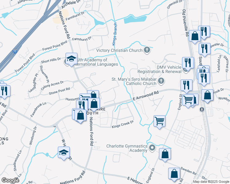 map of restaurants, bars, coffee shops, grocery stores, and more near 8910 Mont Carmel Lane in Charlotte