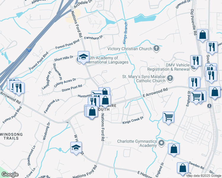 map of restaurants, bars, coffee shops, grocery stores, and more near 220 Branchview Drive in Charlotte