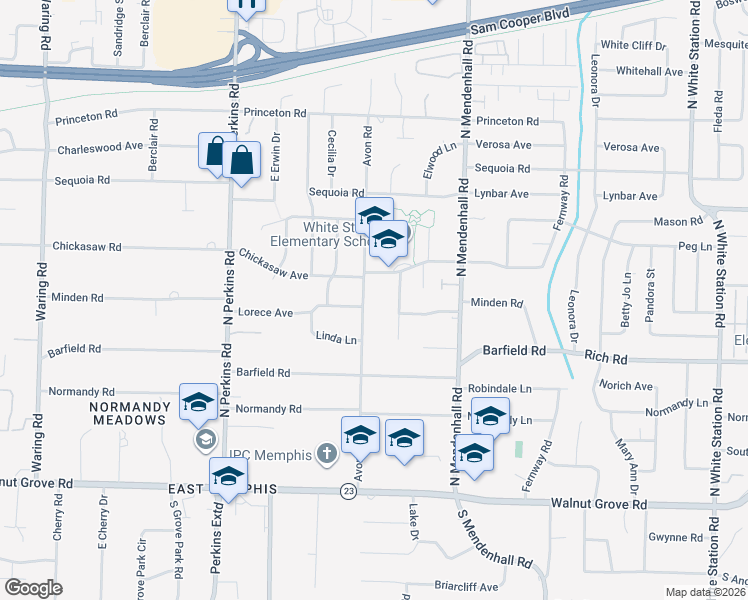 map of restaurants, bars, coffee shops, grocery stores, and more near 241 Avon Road in Memphis