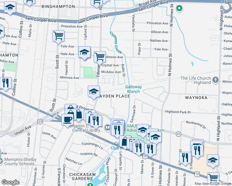 map of restaurants, bars, coffee shops, grocery stores, and more near 3068 Waynoka Avenue in Memphis