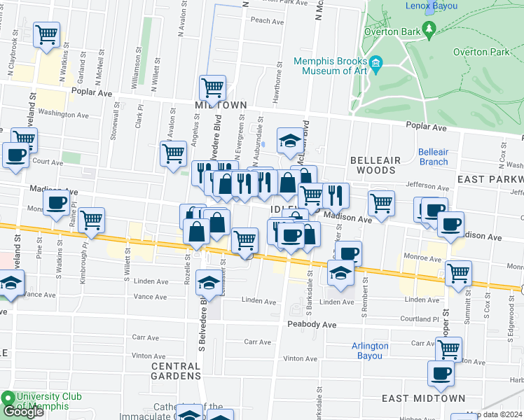 map of restaurants, bars, coffee shops, grocery stores, and more near 11 South Idlewild Street in Memphis