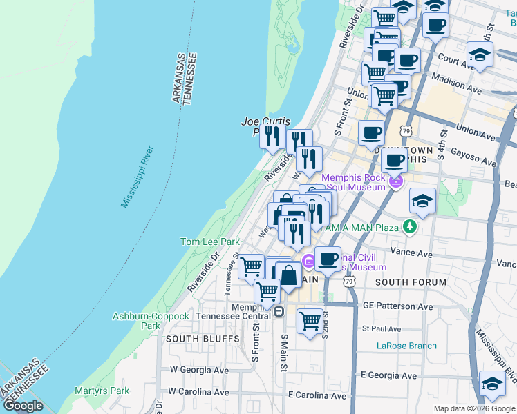 map of restaurants, bars, coffee shops, grocery stores, and more near 20 Huling Avenue in Memphis