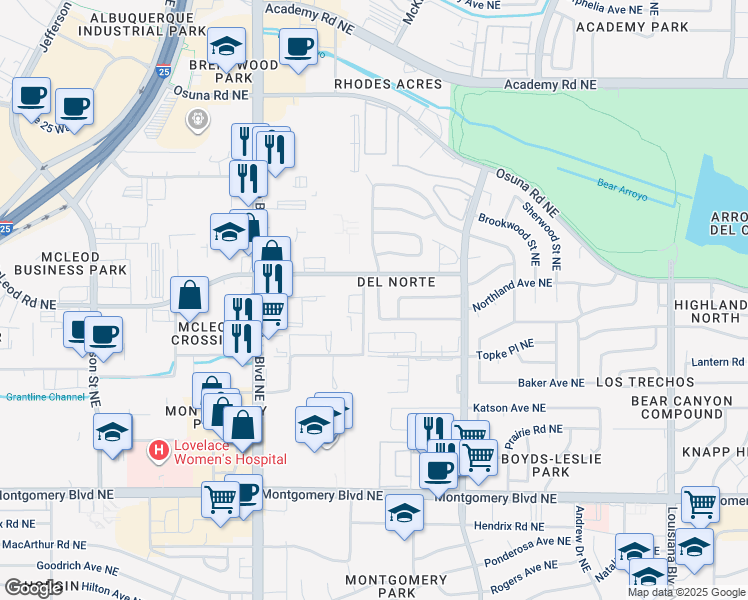 map of restaurants, bars, coffee shops, grocery stores, and more near 4525 Overland Street Northeast in Albuquerque
