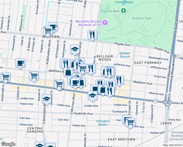 map of restaurants, bars, coffee shops, grocery stores, and more near 1920 Madison Avenue in Memphis