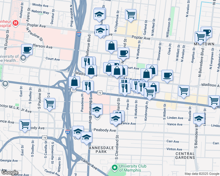 map of restaurants, bars, coffee shops, grocery stores, and more near 1307 Monroe Avenue in Memphis