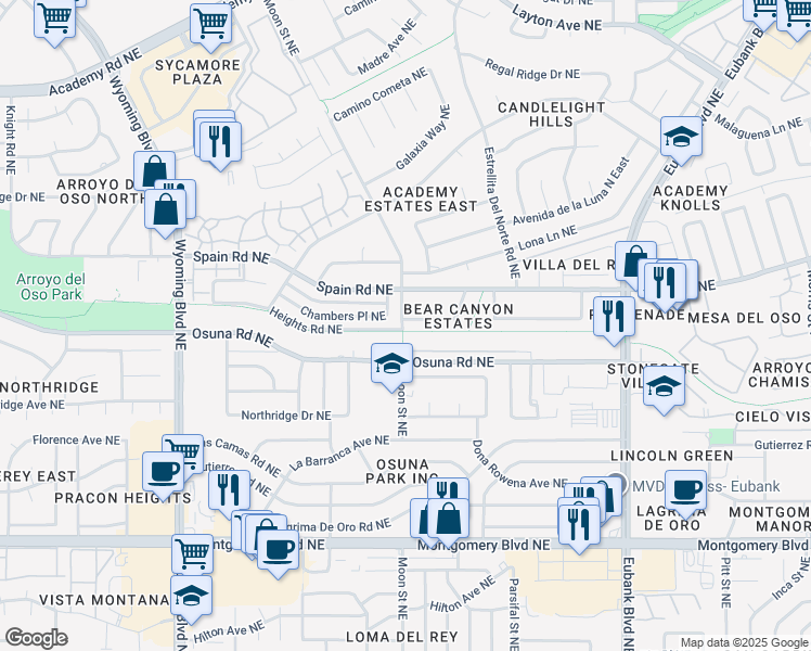 map of restaurants, bars, coffee shops, grocery stores, and more near 9000 Cascajo Drive Northeast in Albuquerque