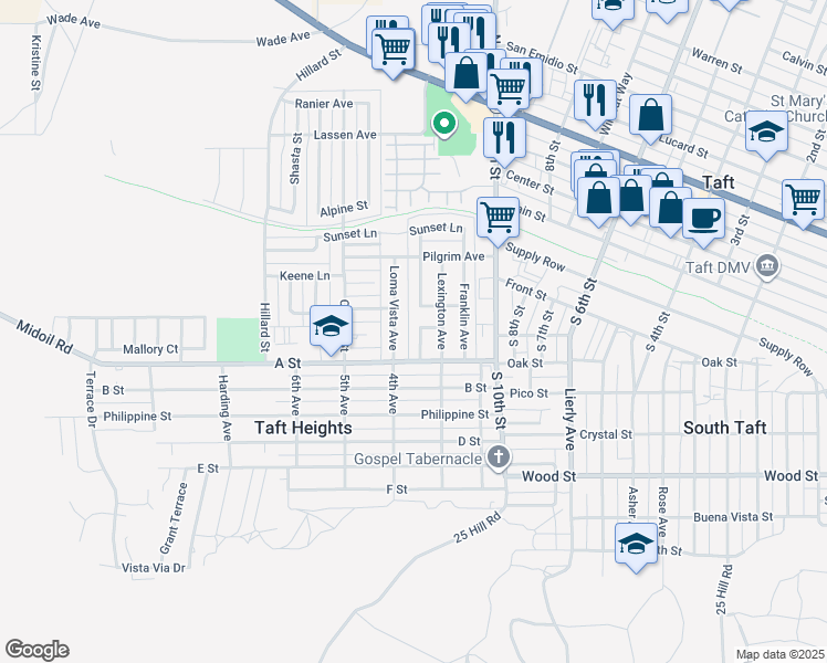 map of restaurants, bars, coffee shops, grocery stores, and more near 125 Woodlawn Avenue in Taft