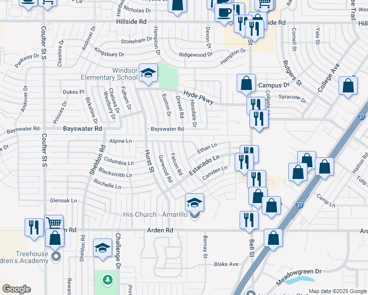map of restaurants, bars, coffee shops, grocery stores, and more near 6505 Drexel Road in Amarillo