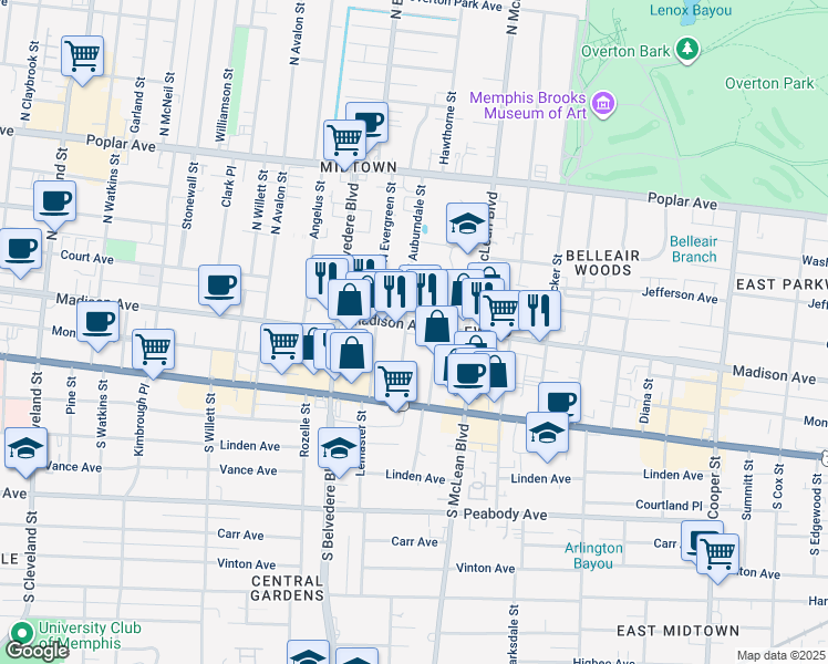 map of restaurants, bars, coffee shops, grocery stores, and more near 11 South Idlewild Street in Memphis