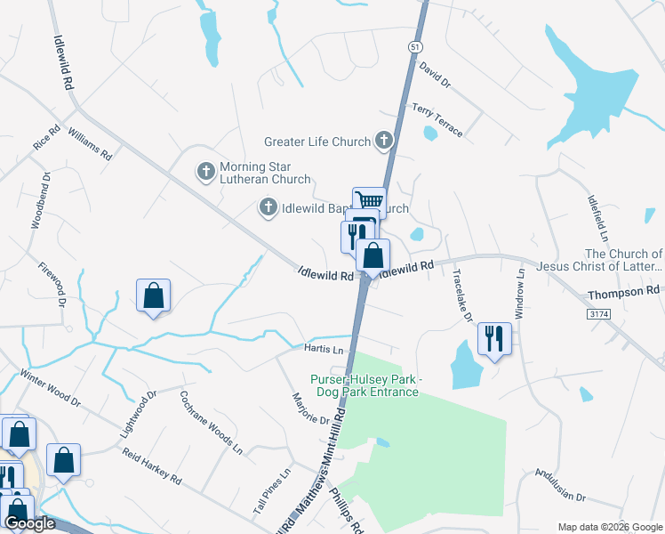 map of restaurants, bars, coffee shops, grocery stores, and more near 13001 Idlewild Road in Matthews