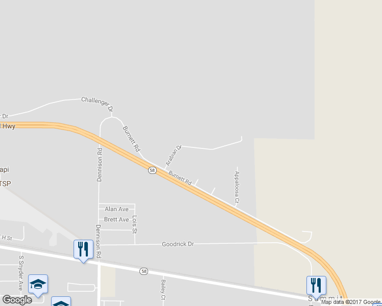 map of restaurants, bars, coffee shops, grocery stores, and more near 1240 Arabian Drive in Tehachapi