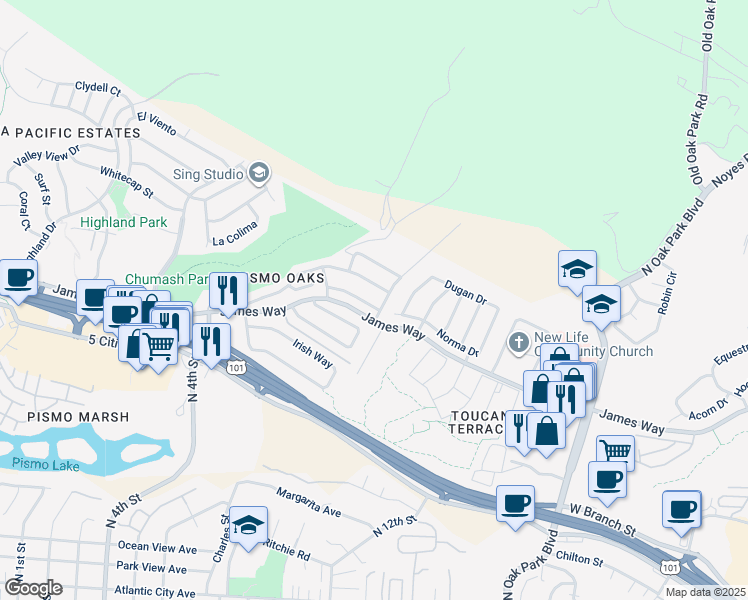 map of restaurants, bars, coffee shops, grocery stores, and more near 766 White Oak Boulevard in Pismo Beach