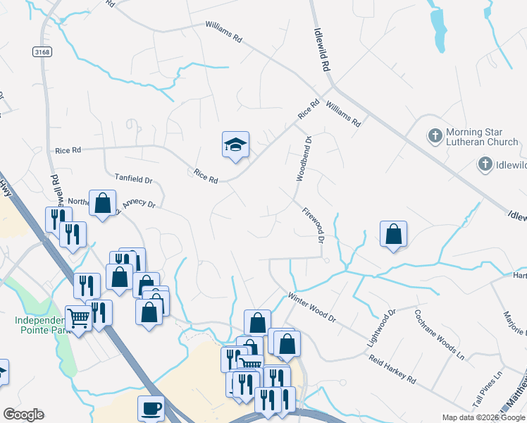 map of restaurants, bars, coffee shops, grocery stores, and more near 12514 Woodbend Drive in Matthews