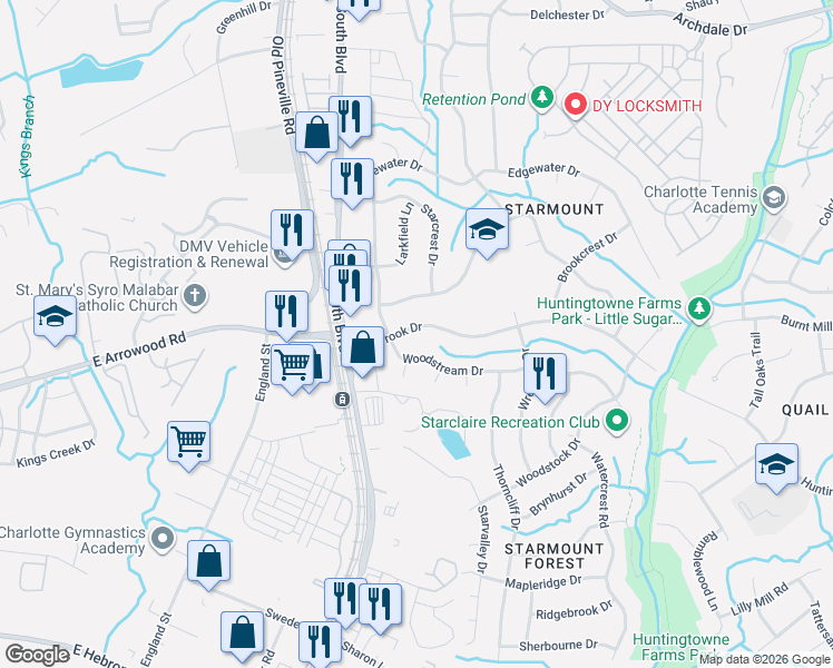 map of restaurants, bars, coffee shops, grocery stores, and more near 1420 Starbrook Drive in Charlotte