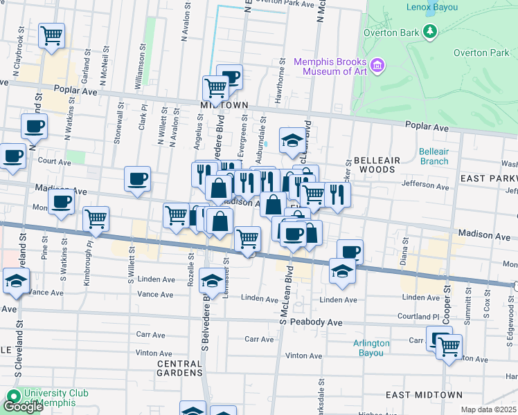 map of restaurants, bars, coffee shops, grocery stores, and more near 11 South Idlewild Street in Memphis