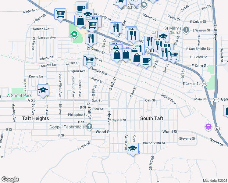 map of restaurants, bars, coffee shops, grocery stores, and more near 307 Amber Street in Taft