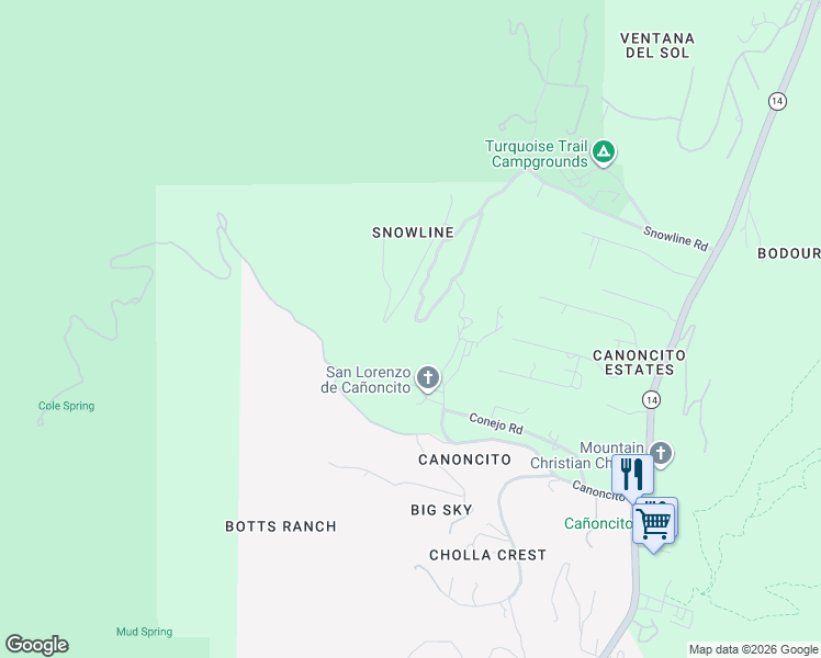 map of restaurants, bars, coffee shops, grocery stores, and more near 76 Canoncito in Cedar Crest