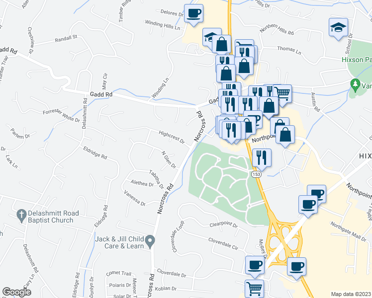 map of restaurants, bars, coffee shops, grocery stores, and more near 1300 Highcrest Drive in Chattanooga