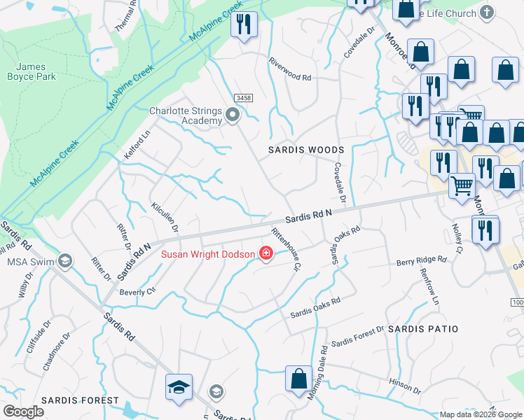map of restaurants, bars, coffee shops, grocery stores, and more near 809 Sardis Road North in Charlotte