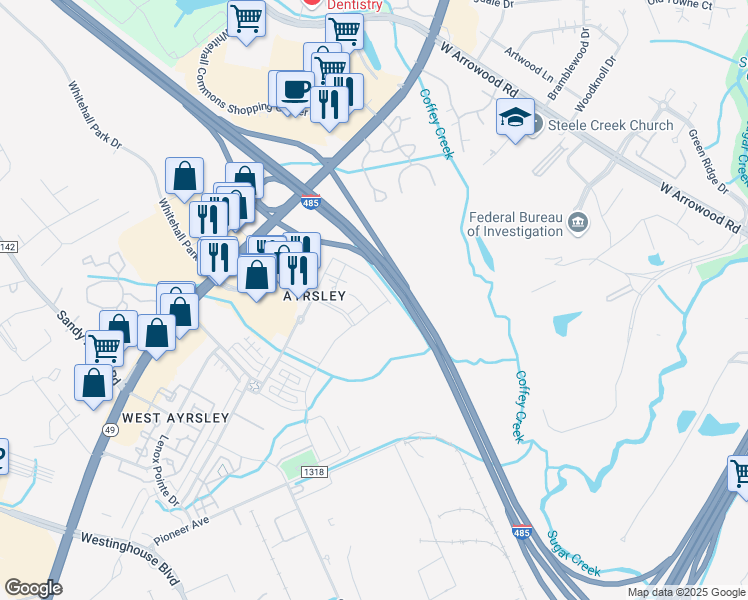 map of restaurants, bars, coffee shops, grocery stores, and more near 2645 Silver Crescent Drive in Charlotte