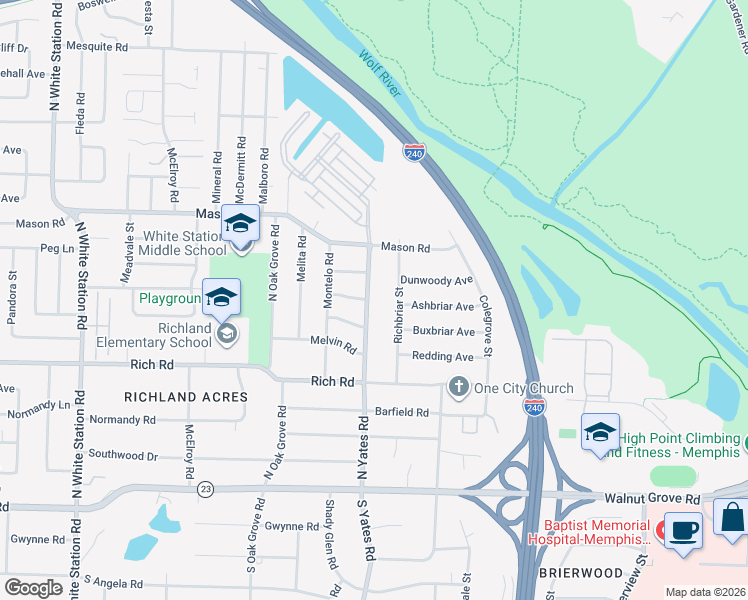 map of restaurants, bars, coffee shops, grocery stores, and more near 233 Richbriar Street in Memphis