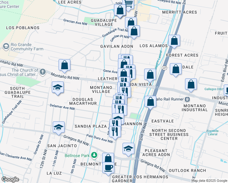 map of restaurants, bars, coffee shops, grocery stores, and more near 5409 5th Street in Albuquerque