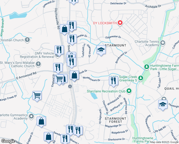 map of restaurants, bars, coffee shops, grocery stores, and more near 1514 Starbrook Drive in Charlotte