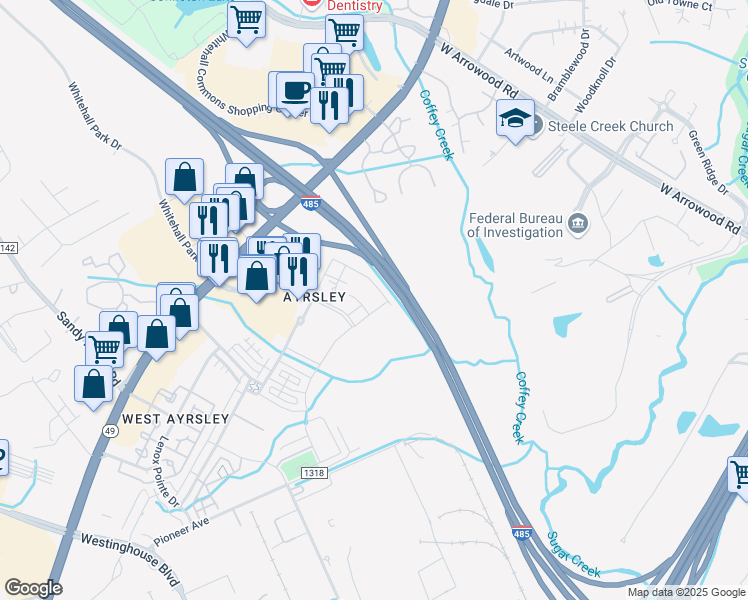 map of restaurants, bars, coffee shops, grocery stores, and more near 2622-2698 Silver Crescent Drive in Charlotte