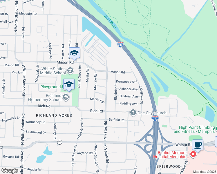 map of restaurants, bars, coffee shops, grocery stores, and more near 233 Richbriar Street in Memphis
