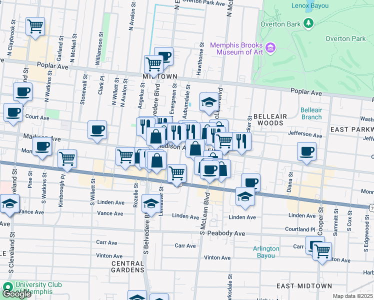 map of restaurants, bars, coffee shops, grocery stores, and more near 11 South Idlewild Street in Memphis