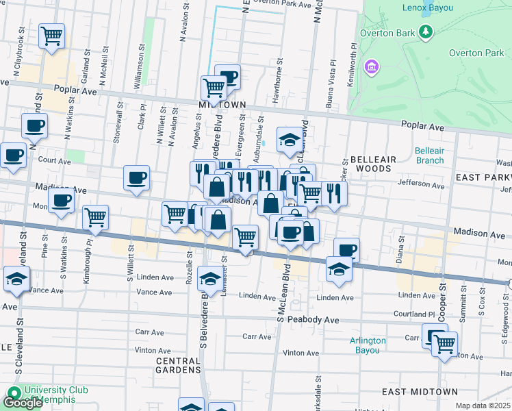 map of restaurants, bars, coffee shops, grocery stores, and more near 11 South Idlewild Street in Memphis