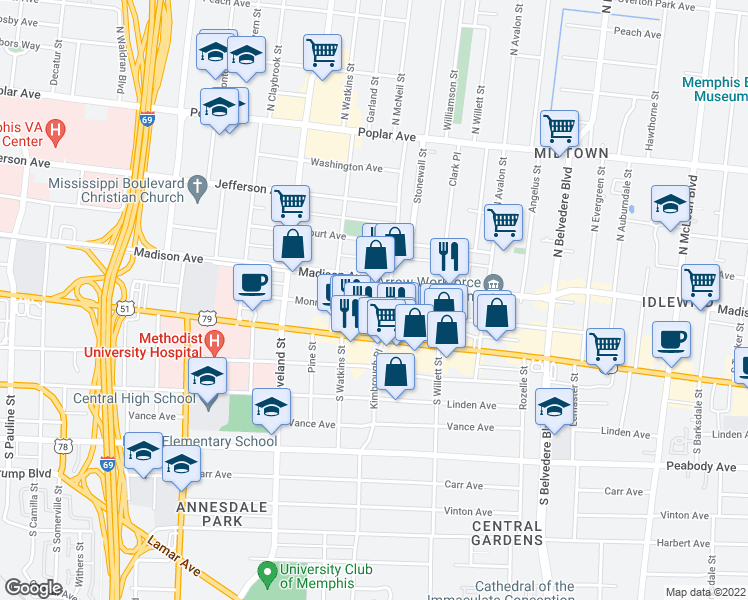 map of restaurants, bars, coffee shops, grocery stores, and more near 1482 Monroe Avenue in Memphis