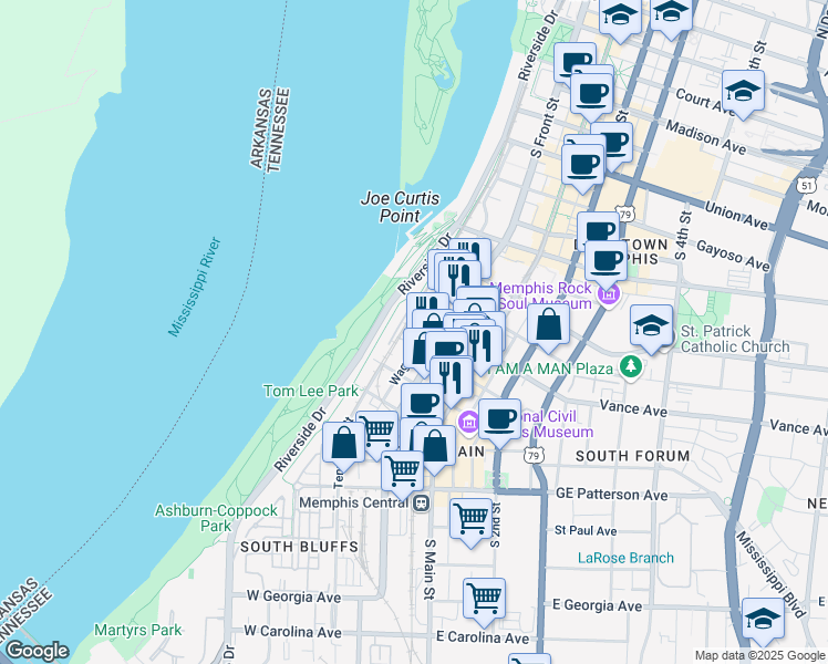 map of restaurants, bars, coffee shops, grocery stores, and more near 20 Huling Avenue in Memphis