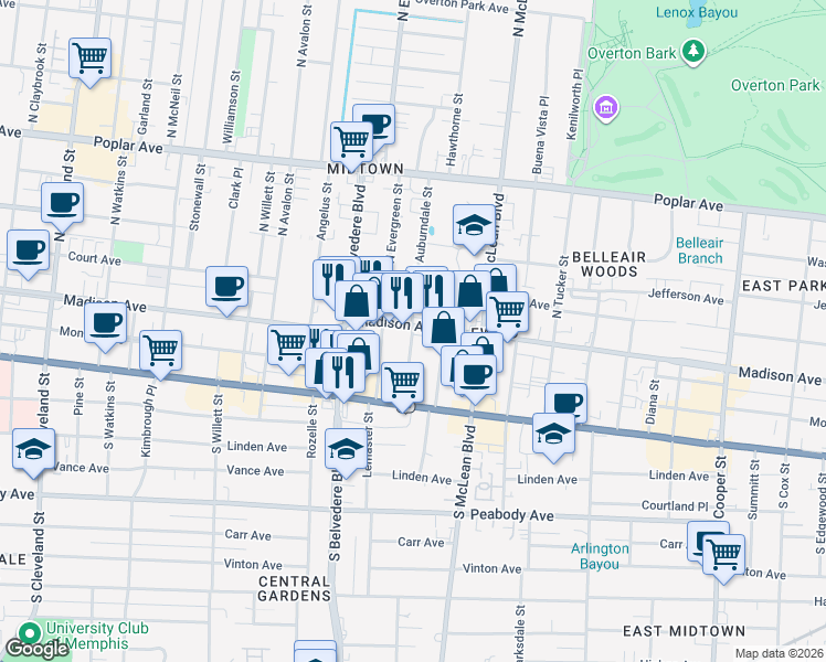 map of restaurants, bars, coffee shops, grocery stores, and more near 6 South Auburndale Street in Memphis